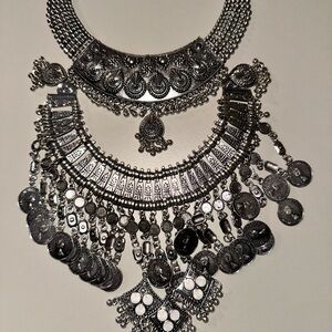 Elegant Silver Look Metal Coin Statement Necklace